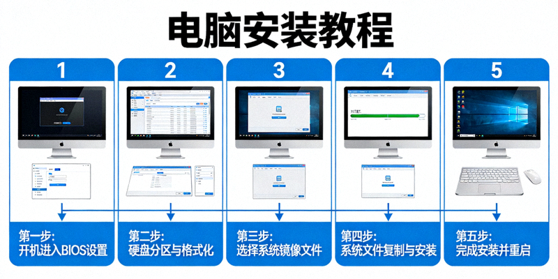 分步电脑安装教程示意图，屏幕上显示清晰的步骤编号