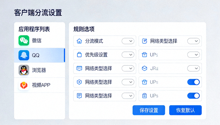 客户端分流设置界面截图，显示应用程序列表和规则选项