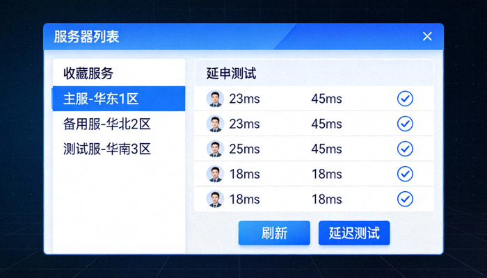 客户端服务器列表截图，显示收藏的服务器和延迟测试结果
