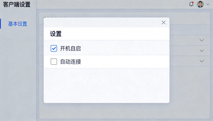 客户端设置界面截图，显示‘开机自启’和‘自动连接’选项